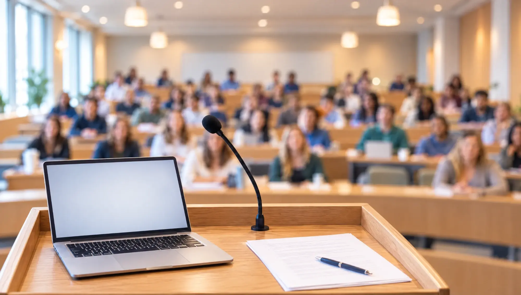 A speaker’s view from behind a classroom lectern with a microphone, a laptop and notes, looking out at a warmly lit class